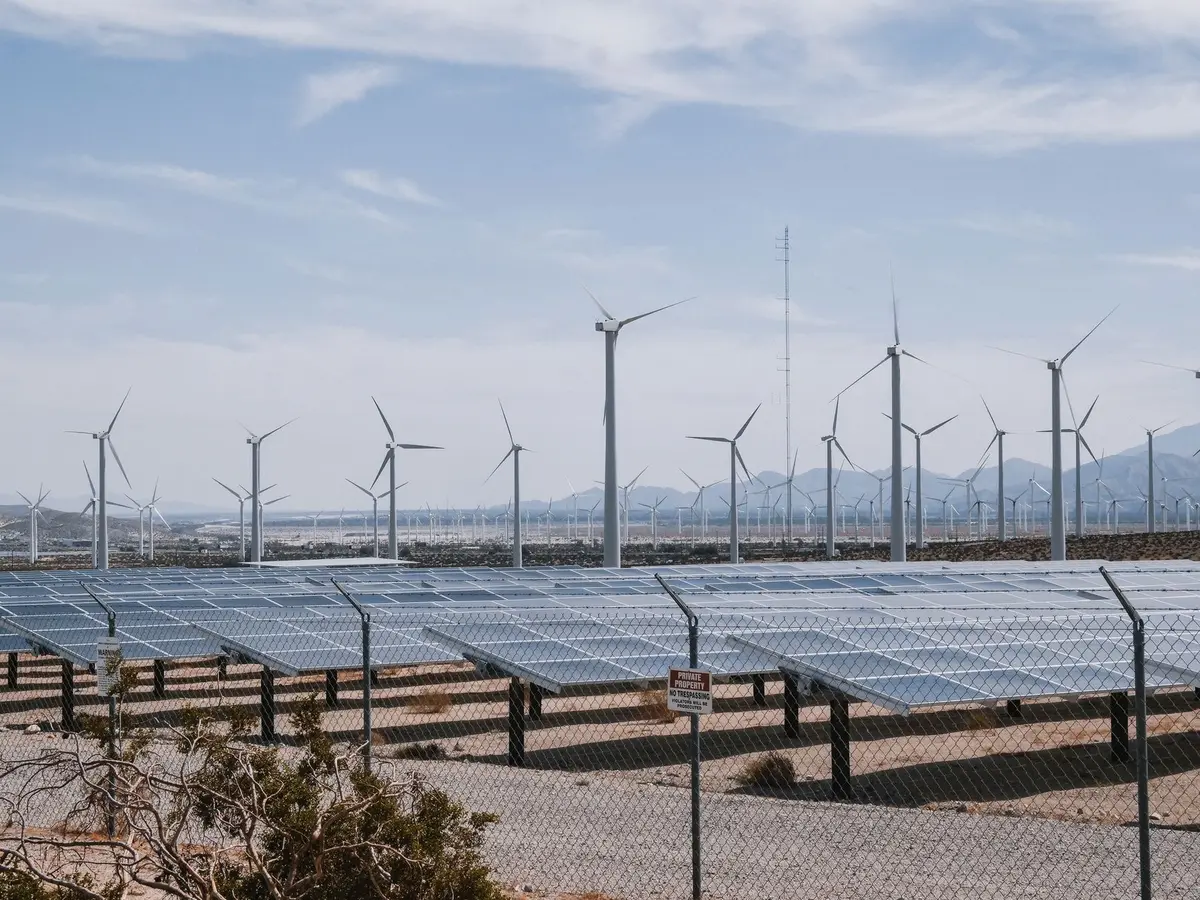 Panneaux solaires et parc éolien produisant de l'électricité renouvelable