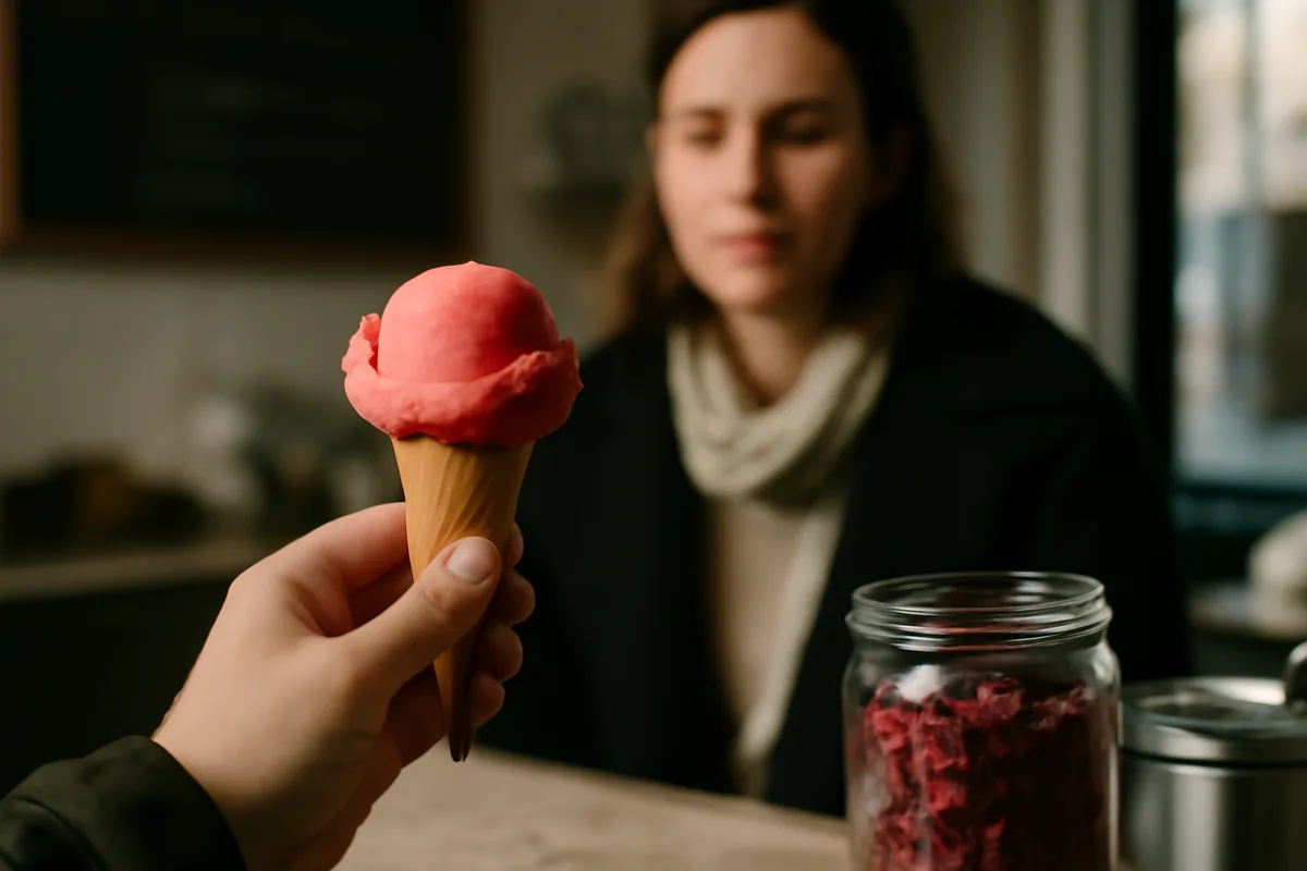 Qu’est-ce qui rend ce sorbet spécial — La combinaison fraise + infusion à la rose donne un profil aromatique à la fois fruité et floral, avec une légère acidité qui équilibre le sucre. L’infusion utilisée contient, en plus de la rose,