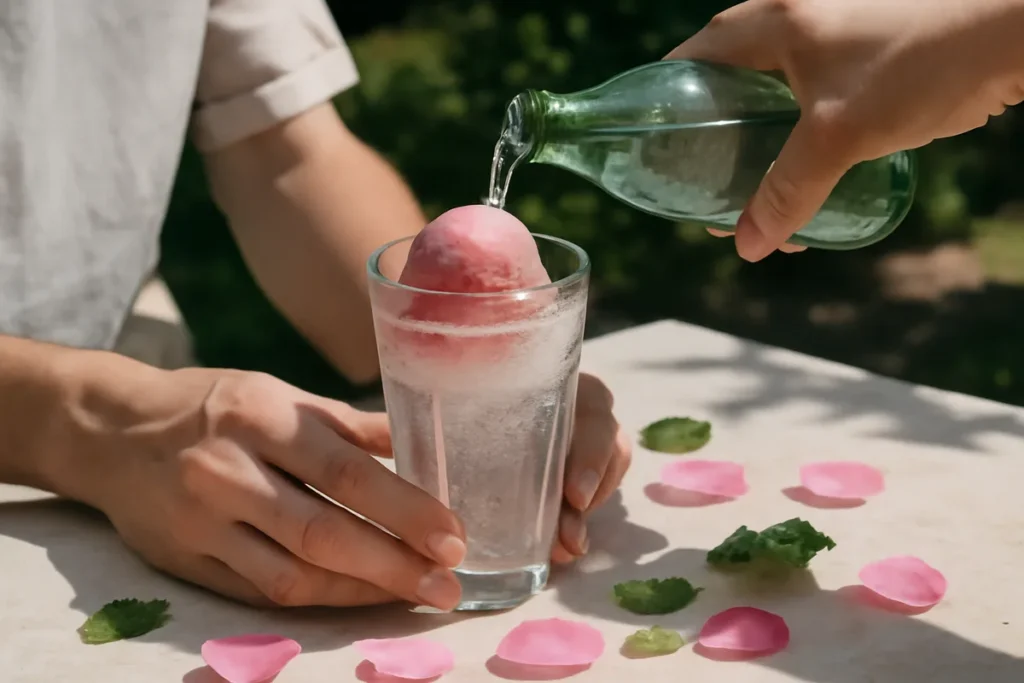 Recette de float au sorbet fraise et eau de rose, simple et rafraîchissant