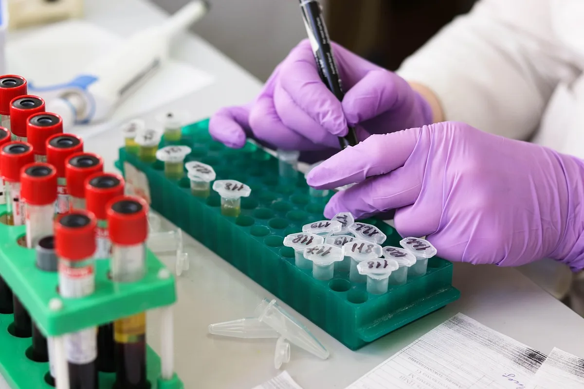 Banc de laboratoire en plein jour avec tubes de perfusion et mains gantées ajustant un appareil