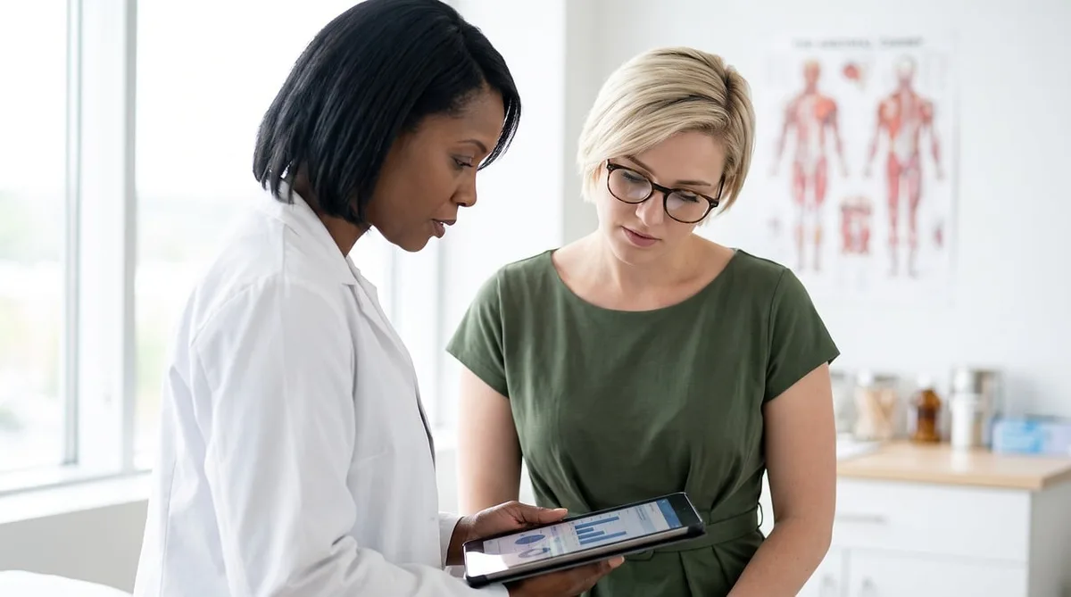 Patient en consultation expliquant une douleur inguinale postopératoire