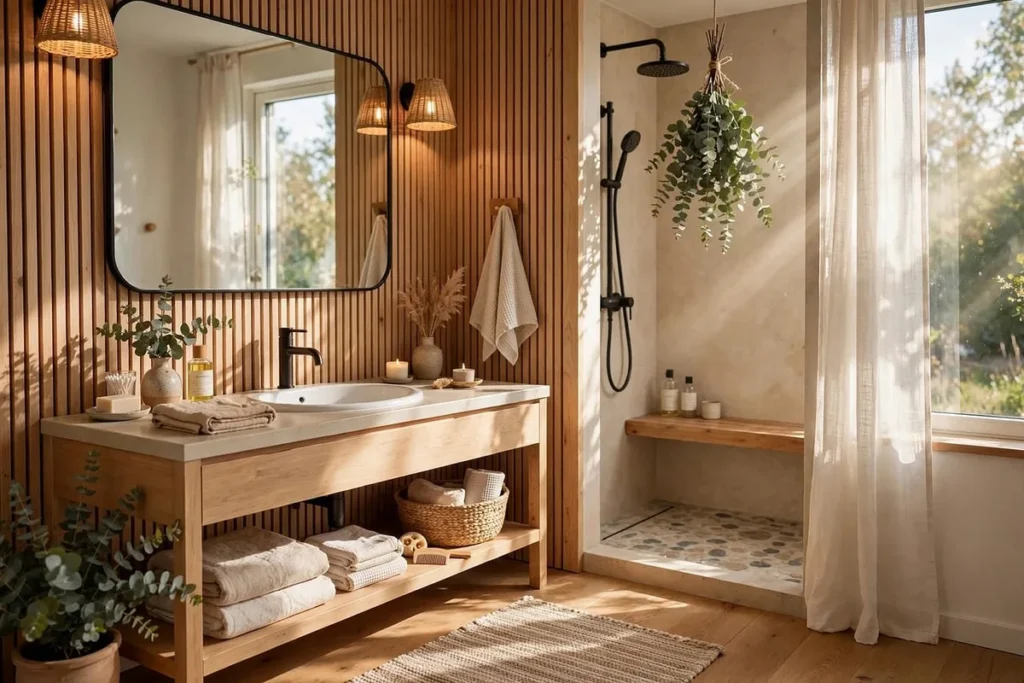 Mains tenant une serviette avec des mèches de cheveux dans une salle de bains baignée de lumière